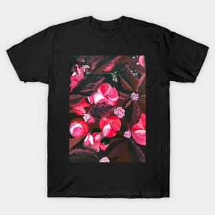 Luxurious Burgundy Leaves with Dark Millennial Pink Flowers and Pink Spine Notebook T-Shirt